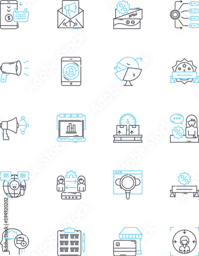 Web development firm linear icons set. Code, Design, UI/UX, Backend, Frontend, Development, Innovation line vector and concept signs. Technology,Solutions,Clean outline illustrations