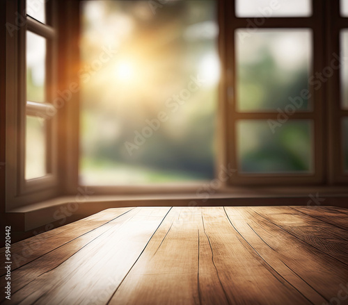 Empty wooden table near the opened window with the sun shining though it  Generative AI