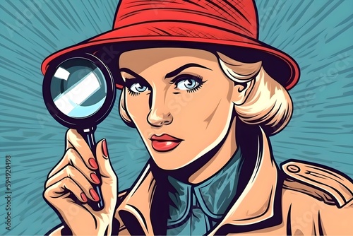 woman is a detective looking through magnifying glass search. Vector illustration in pop art retro comics style. poster for advertising
