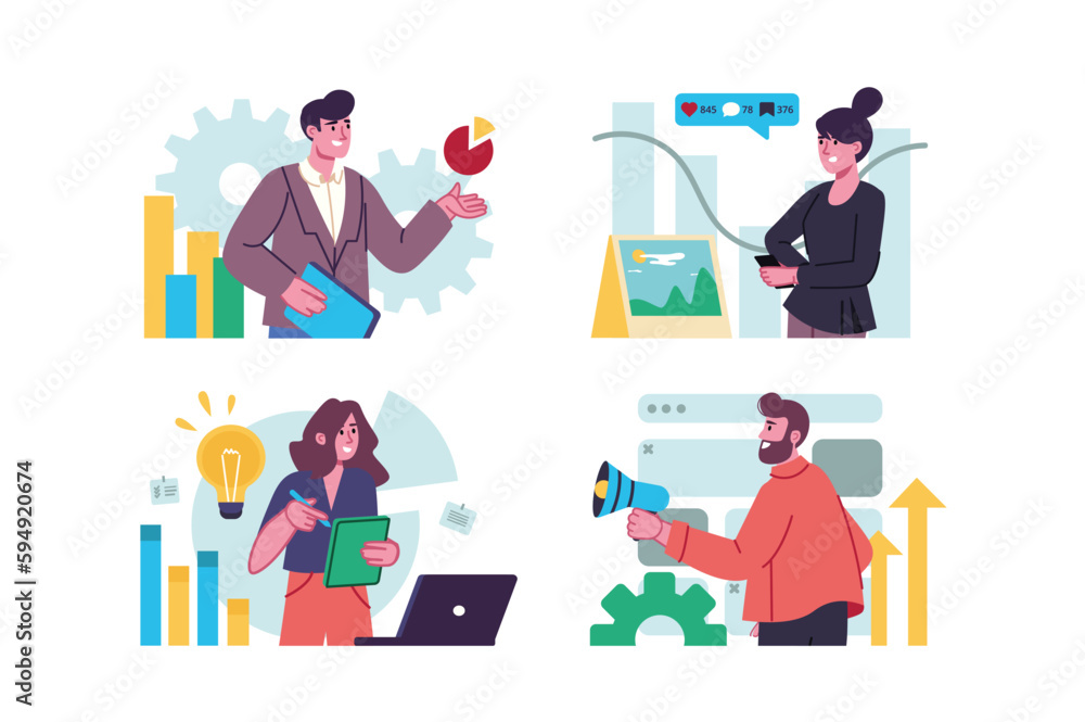 Set concept Marketing with people scene in the flat cartoon design. Marketers work on the distribution of various advertisements on social networks. Vector illustration.