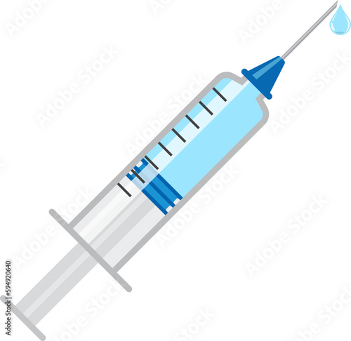 Medical syringe icon. The Syringe is filled with a vaccine solution. Vector Illustration of medical syringe with needle
