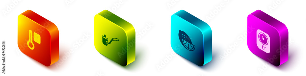 Set Isometric Sauna thermometer, ladle, Lemon and icon. Vector Set Isometric Sauna thermometer, ladle, Lemon and icon. Vector