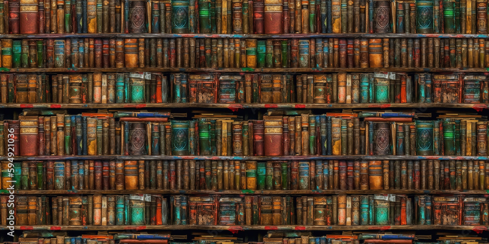 Old books on wooden shelf in library. AI generative illustration. Old books on wooden shelf in library. AI generative illustration.