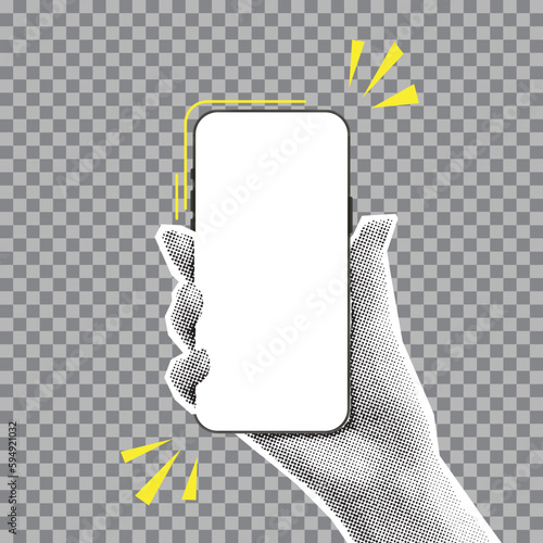 Mockup of smartphone in halftone hand. Vector illustration with hand holding phone with blank display isolated on checkered background. Paper cut out element for decoration of banners and posters. © Yaran