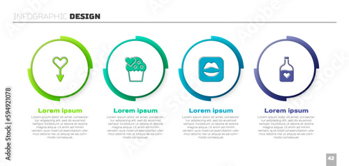Set Female gender symbol, Wedding cake, Smiling lips and Bottle with love potion. Business infographic template. Vector