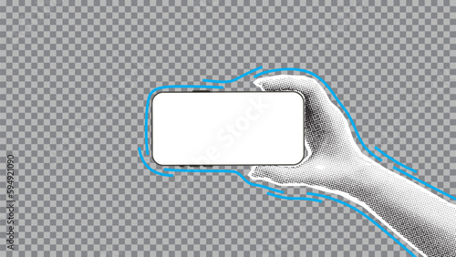 Mockup of mobile phone in hand. Vector illustration with hand holding phone with blank display isolated on checkered background. Paper cut out element for decoration of banners and posters.