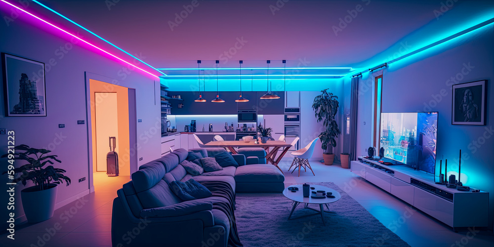A modern and confortable living room illuminated by led strips - Generative AI A modern and confortable living room illuminated by led strips - Generative AI