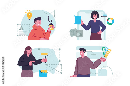 Creative agency set concept with people scene in the flat cartoon design. Employees of the creative agency communicate with the client together to fulfill all his wishes. Vector illustration.