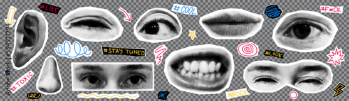 Decorative set of collage elements. Halftone lips, eyes, nose, ear isolated on checkered background. Vector illustration with halftone elements for decoration of retro banners and vintage postres.
