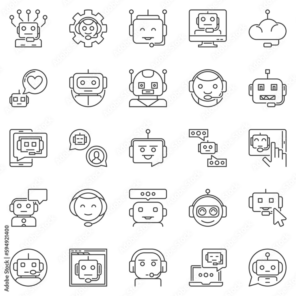 Chatbot outline icons set - Chat Bots online chat conversation vector line symbols