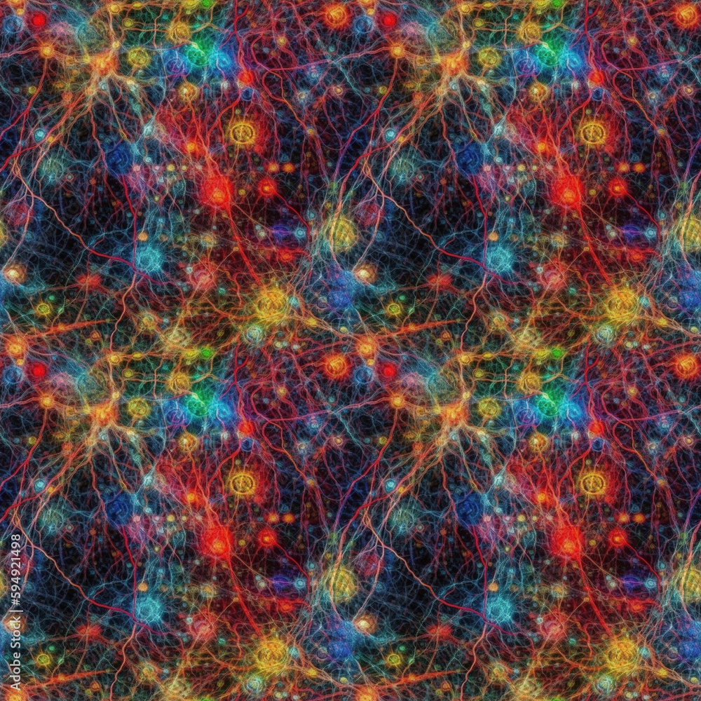 Neuron cells with multicolored glowing link knots in dark space. AI generative illustration.