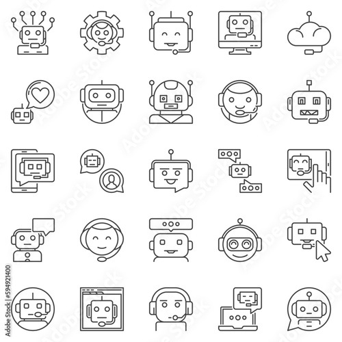 Chatbot outline icons set - Chat Bots online chat conversation vector line symbols