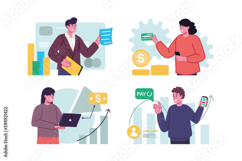 Banking set concept with people scene in the flat cartoon style. Men and women pay for purchases and services through online banking because it is more convenient. Vector illustration.