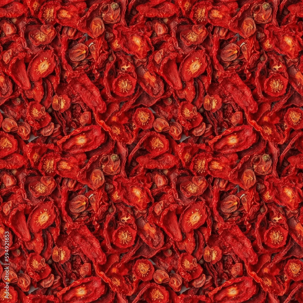 Sundried or dried tomato halves and chilli red peppers, top view. AI generative illustration. Sundried or dried tomato halves and chilli red peppers, top view. AI generative illustration.