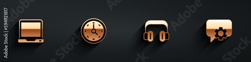 Set Laptop, Clock, Headphones and Telephone 24 hours support icon with long shadow. Vector