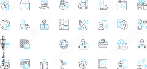 Distribution center linear icons set. Storage, Shipping, Logistics, Inventory, Warehouse, Receiving, Fulfillment line vector and concept signs. Picking,Loading,Unloading outline illustrations