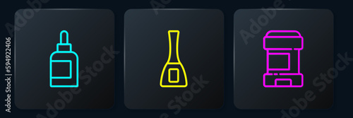 Set line Cream or lotion cosmetic tube, Antiperspirant deodorant roll and Nail polish bottle. Black square button. Vector