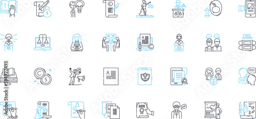 Court authority linear icons set. Jurisdiction, Judge, Judicial, Ruling, Order, Verdict, Bench line vector and concept signs. Trial,Hearing,Adjudication outline illustrations photo