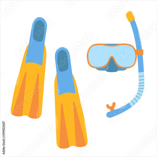 Isolated diving mask with fins in flat style on white background. Vector colorful illustration for decoration