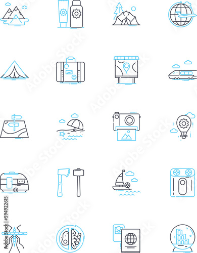 Cultural tours linear icons set. Heritage, Tradition, History, Adventure, Ethnicity, Diversity, Customs line vector and concept signs. Sightseeing,Artistry,Local outline illustrations