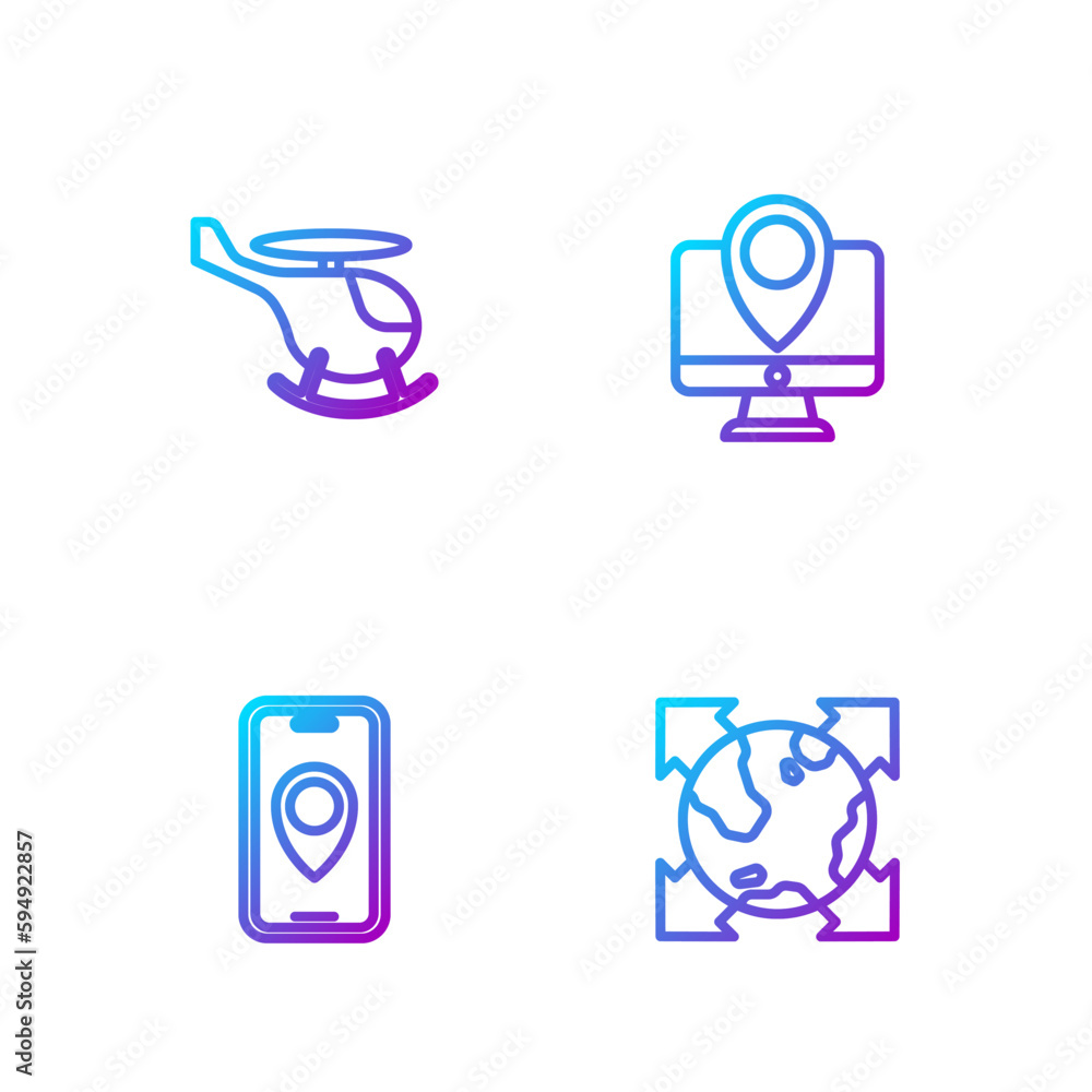 Set line World globe with compass, City map navigation, Helicopter and Monitor location marker. Gradient color icons. Vector Set line World globe with compass, City map navigation, Helicopter and Monitor location marker. Gradient color icons. Vector