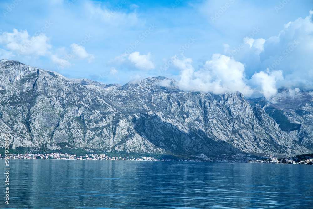 View of the mountains and the Bay of Kotor from the city of Perast Montenegro