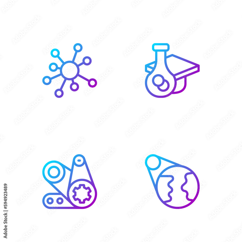 Set line Earth globe, Timing belt kit, Molecule and Graduation cap. Gradient color icons. Vector Set line Earth globe, Timing belt kit, Molecule and Graduation cap. Gradient color icons. Vector