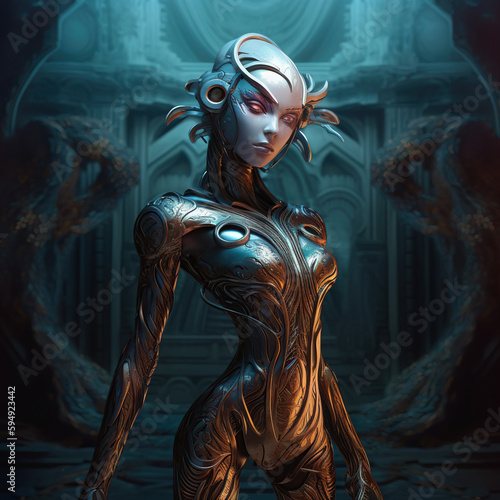 Beautiful alien princess in armor. Fantasy creation. Generative AI illustration