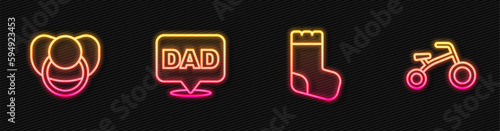 Set line Baby socks, dummy pacifier, Speech bubble dad and Bicycle for kids. Glowing neon icon. Vector