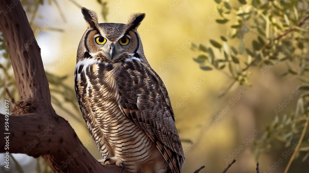 Obraz premium A great horned owl on the tree. Created using generative AI.