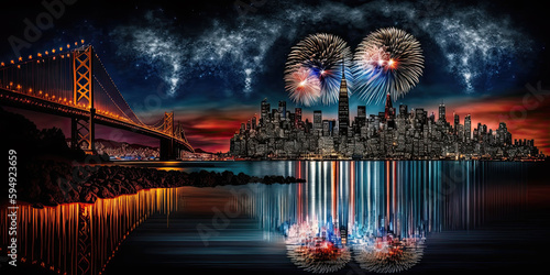 Fireworks New Year in San Francisco, California, USA - Generative AI