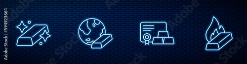 Set line Gold bars with certificate, and Molten gold being poured. Glowing neon icon on brick wall. Vector