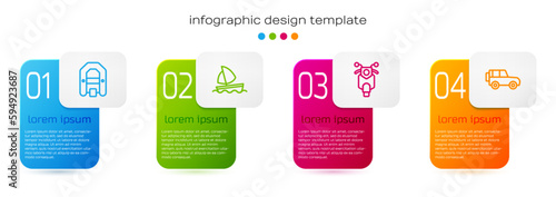 Set line Rafting boat, Yacht sailboat, Scooter and Off road car. Business infographic template. Vector