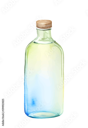 Empty blue glass transparent bottle with brown cork , watercolor vector illustration