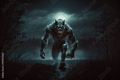 scary werewolf prowling in the dark, with moonlight shining down on its fur, created with generative ai photo