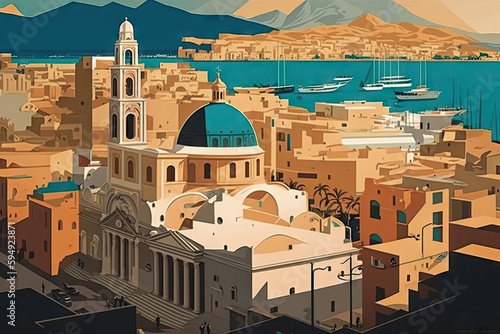 modern city of heraklion, with its bustling port and cathedral, visible in the background, created with generative ai