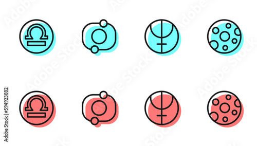 Set line Neptune planet, Libra zodiac, Solar system and Full moon icon. Vector