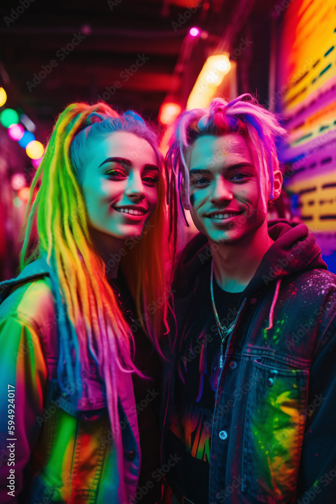 Fototapeta premium Colorful Joy: A Vibrant Collection of People Celebrating Life in Rainbow Hues, Enhanced by Generative AI Art, Including Children and Pets, Generative AI, Generativ, KI
