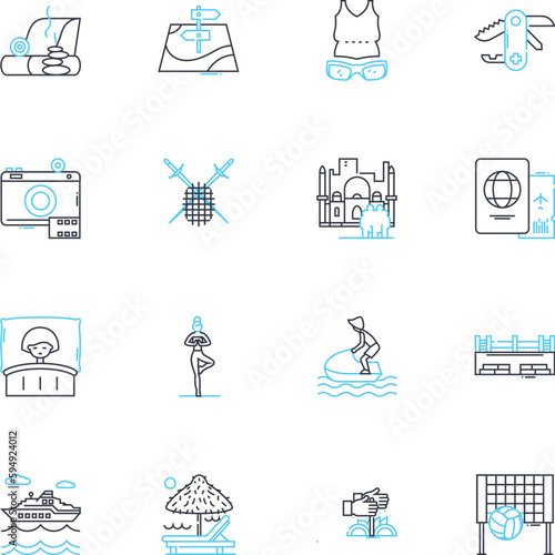 Amusement trade linear icons set. Theme, Funhouse, Rides, Kiddie, Arcade, Adventure, Carnival line vector and concept signs. Bumper,Carousel,Slides outline illustrations