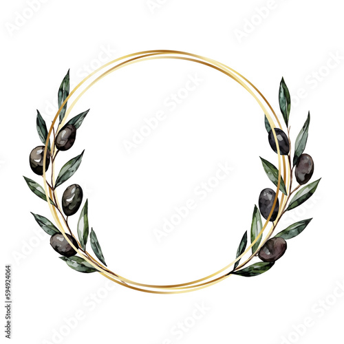 Round wreath of olive branches. Olive leaves and black olives in a round gold frame. Vector illustration.