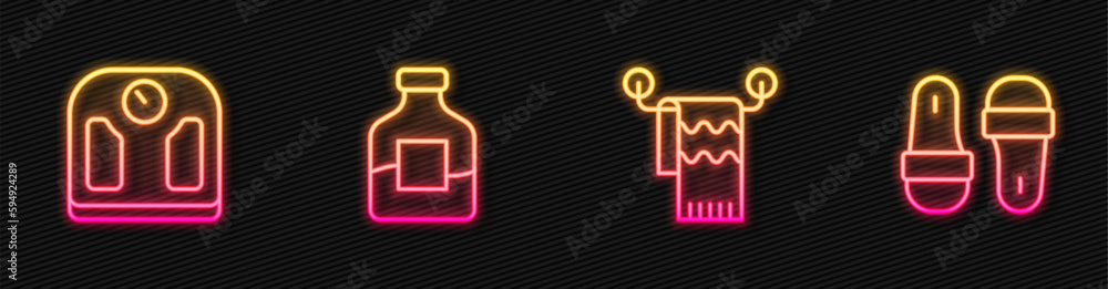 Set line Towel on hanger, Bathroom scales, Bottle of vodka and Sauna slippers. Glowing neon icon. Vector Set line Towel on hanger, Bathroom scales, Bottle of vodka and Sauna slippers. Glowing neon icon. Vector