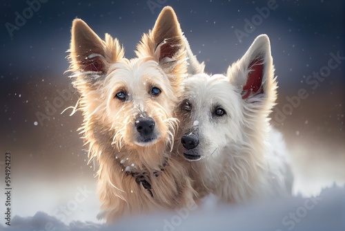 two dogs playing in the snow, their fur and ears covered in white, created with generative ai