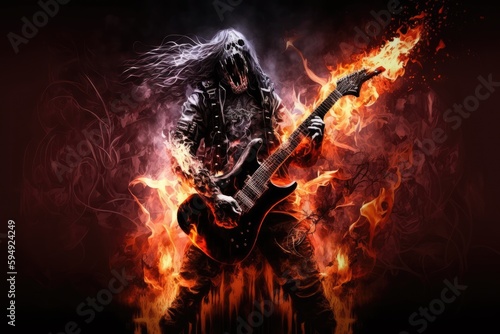 heavy metal guitarist, playing powerful solo, with smoke and flames in the background, created with generative ai