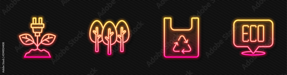 Set line Shopping bag with recycle, Electric saving plug leaf, Tree and Leaf Eco symbol. Glowing neon icon. Vector Set line Shopping bag with recycle, Electric saving plug leaf, Tree and Leaf Eco symbol. Glowing neon icon. Vector