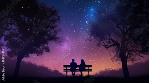 A magical nighttime scene in a city park with glowing trees, fireflies, and a couple sitting on a bench, surrounded by a starry sky, evoking a romantic mood