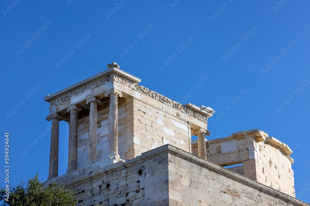 Temple of Athena Nike at Propylaia, monumental ceremonial gateway to the Acropolis of Athens, Greece. It is an ancient citadel located on a rocky slope above the city