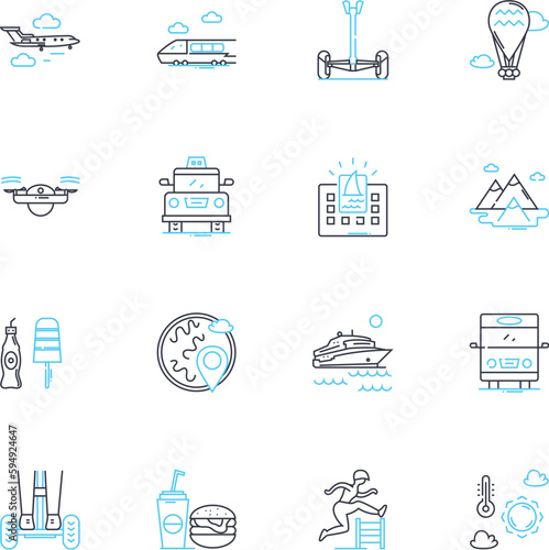 Journey linear icons set. Exploration, Odyssey, Adventure, Pilgrimage, Passage, Progress, Excursion line vector and concept signs. Trek,Expedition,Quest outline illustrations