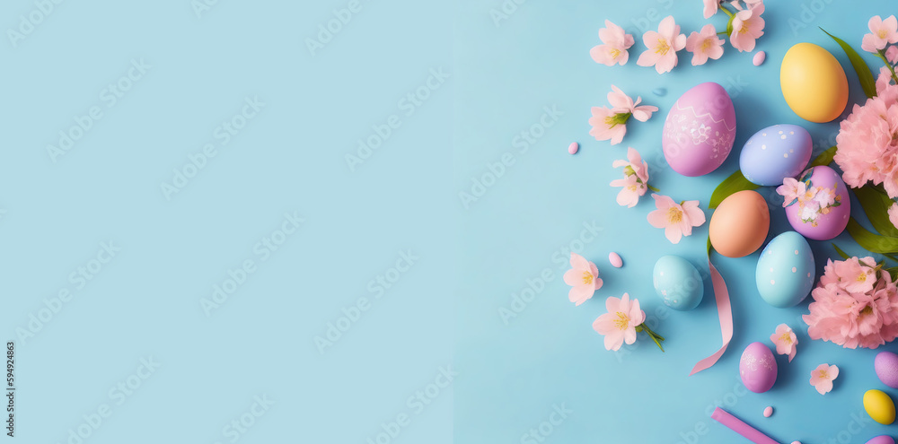 easter eggs sitting on top of a delicate blue background copy space  horizzontal banner generative ai