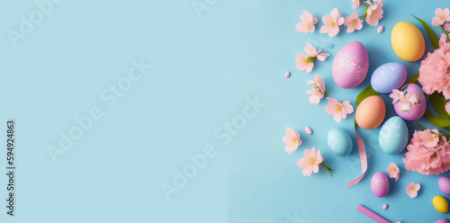 easter eggs sitting on top of a delicate blue background copy space horizzontal banner generative ai