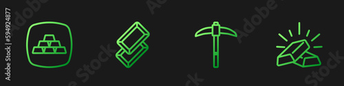 Set line Pickaxe, Gold bars, and . Gradient color icons. Vector